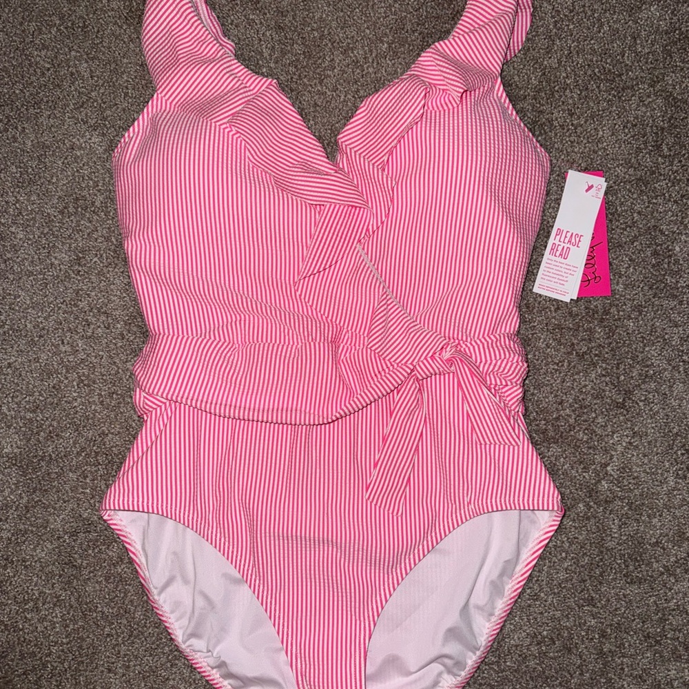 NWT Lilly Pulitzer Roxie Pink Stripe Seersucker One Piece Delphie Swimsuit 14